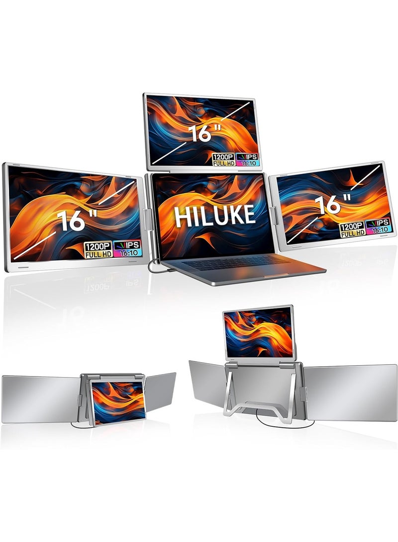 HILUKE 16" Laptop Screen Extender, Just 1 Cable for 3 Screens Quad Monitor, 1200P FHD Screen Extender for 12"-18.5" Laptops, Triple Portable Monitor for Wins/Mac M1|M2|M3|M4|M5 - Image 1